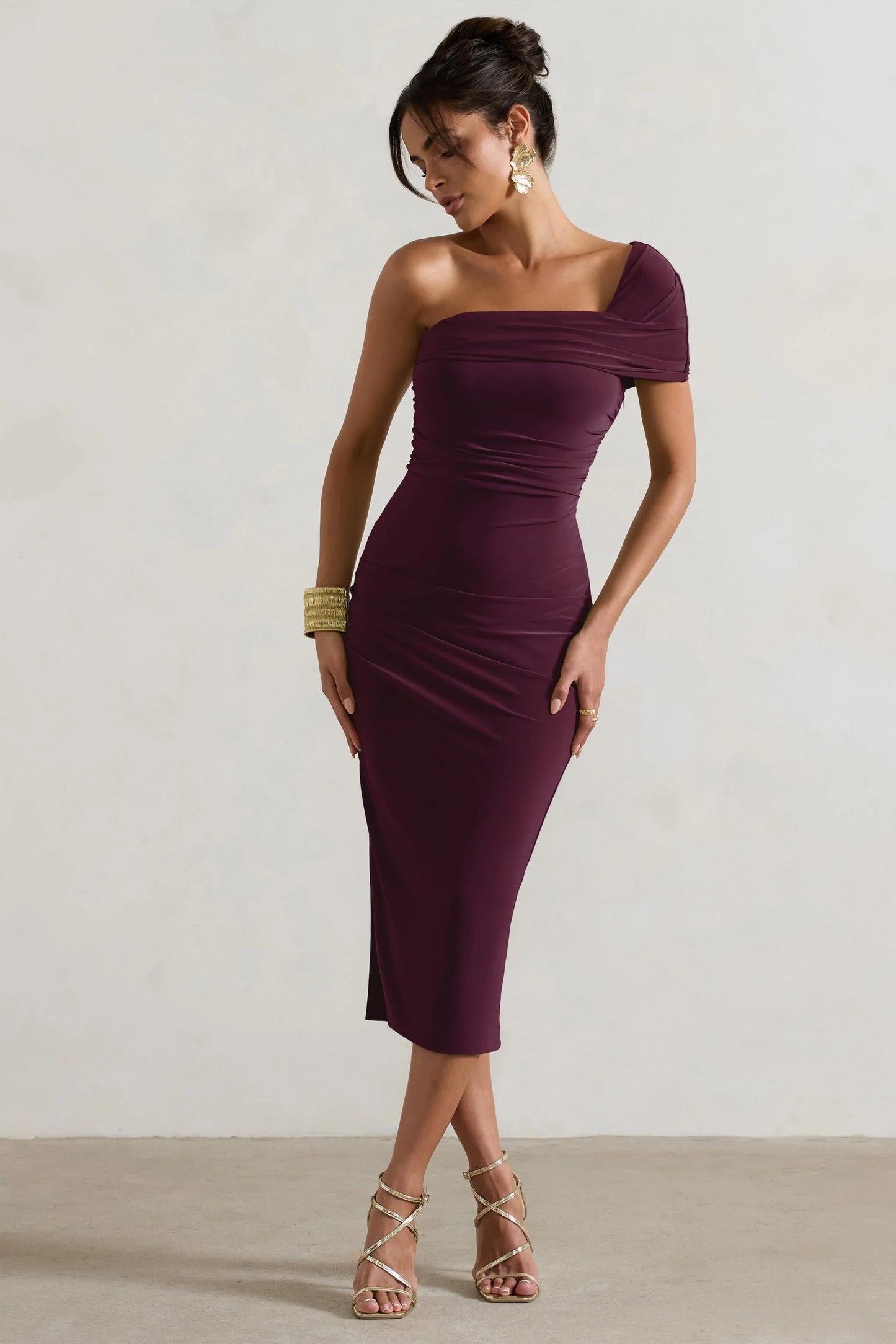Hawaii Plum Asymmetric One Shoulder Split Midi Dress