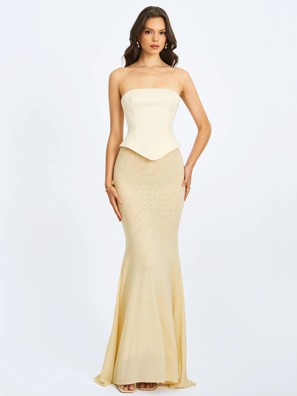Adelina Butter Yellow Peplum Mermaid Gown with Lace up Back