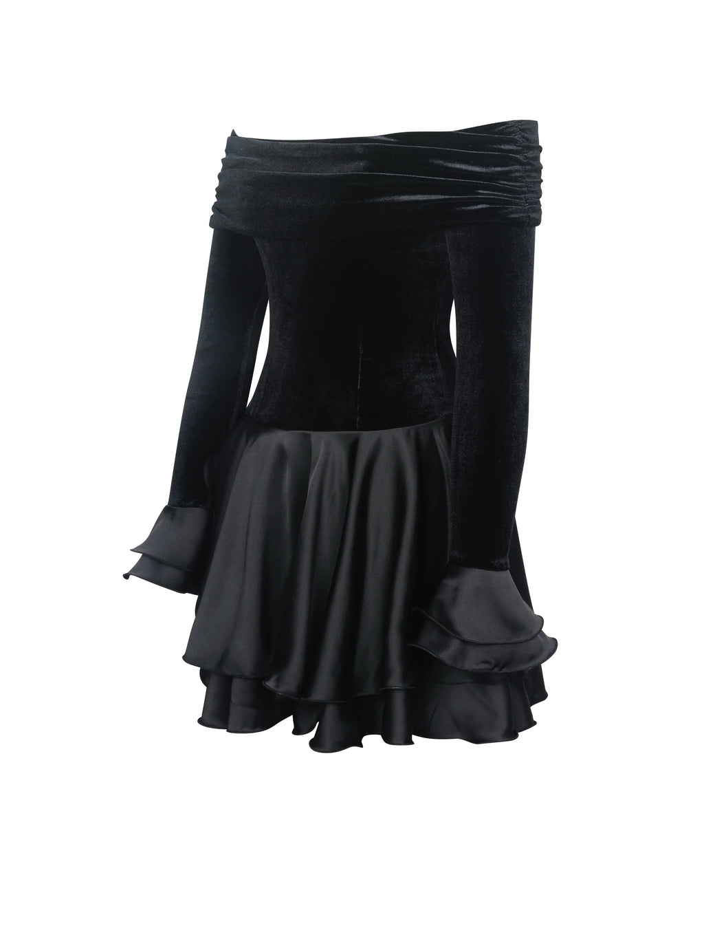 Magnolia Black Off Shoulder Layered Satin Mini Dress