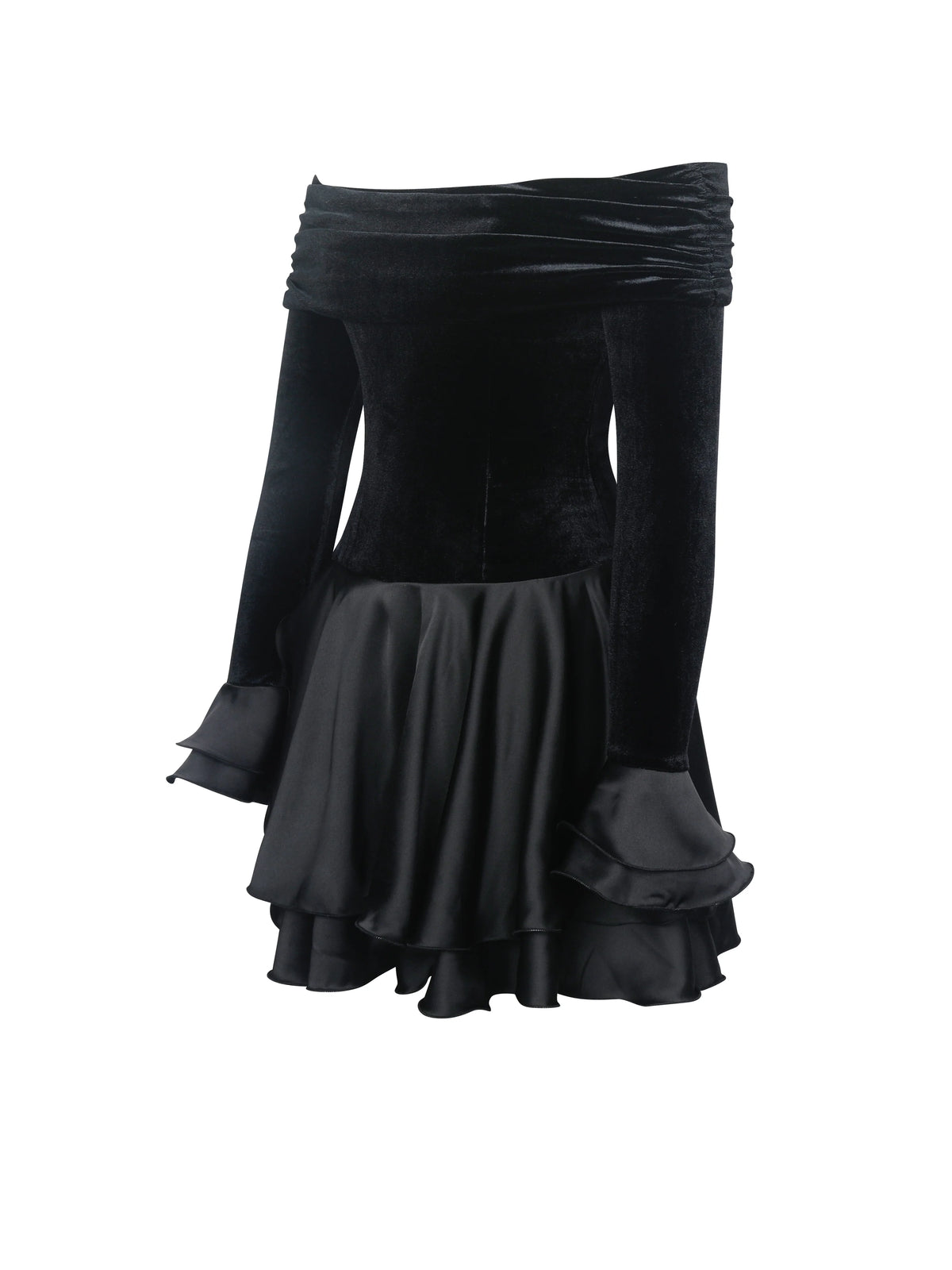 Magnolia Black Off Shoulder Layered Satin Mini Dress