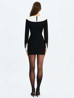 Heather Black Collared Decorative Button Front Mini Dress