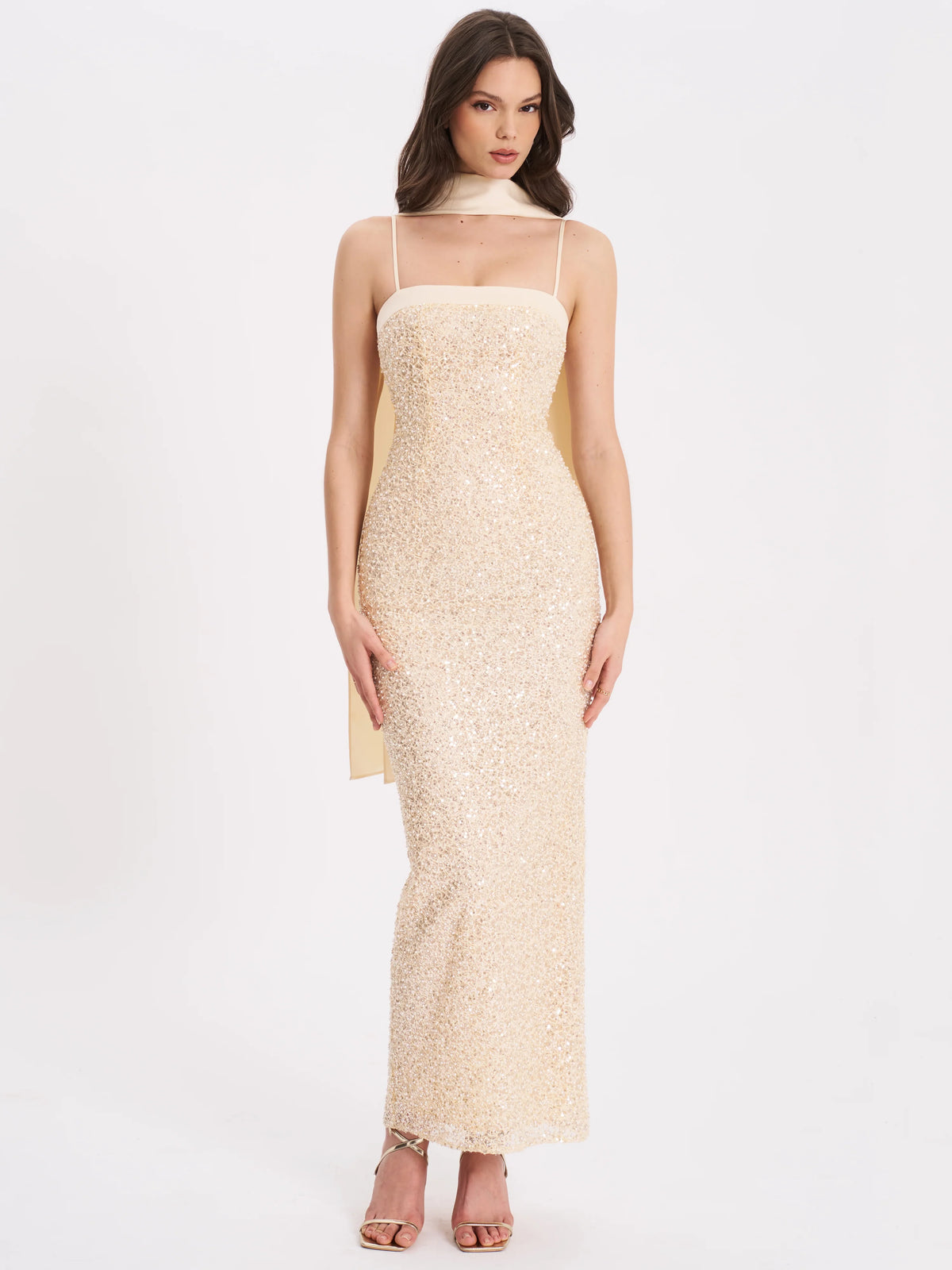 Raizel Gold Beaded Sequin Bodycon Gown with Scarf