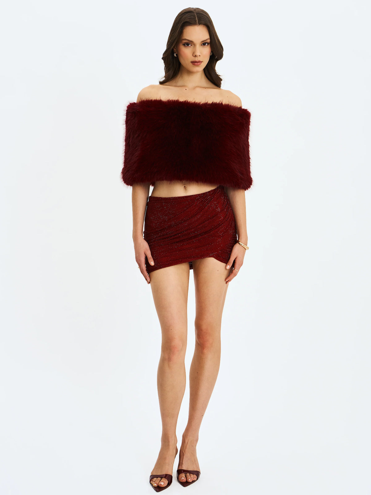 Darla Burgundy Faux Fur Off Shoulder Cropped Top