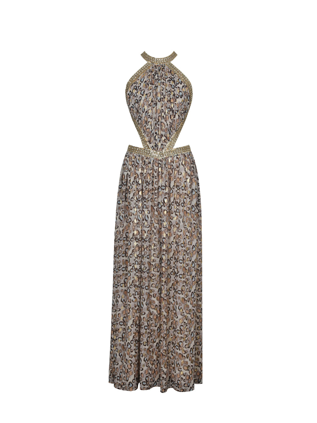 Quinnlyn Beige Cheetah Print Chiffon Halter Maxi Dress