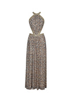 Quinnlyn Beige Cheetah Print Chiffon Halter Maxi Dress