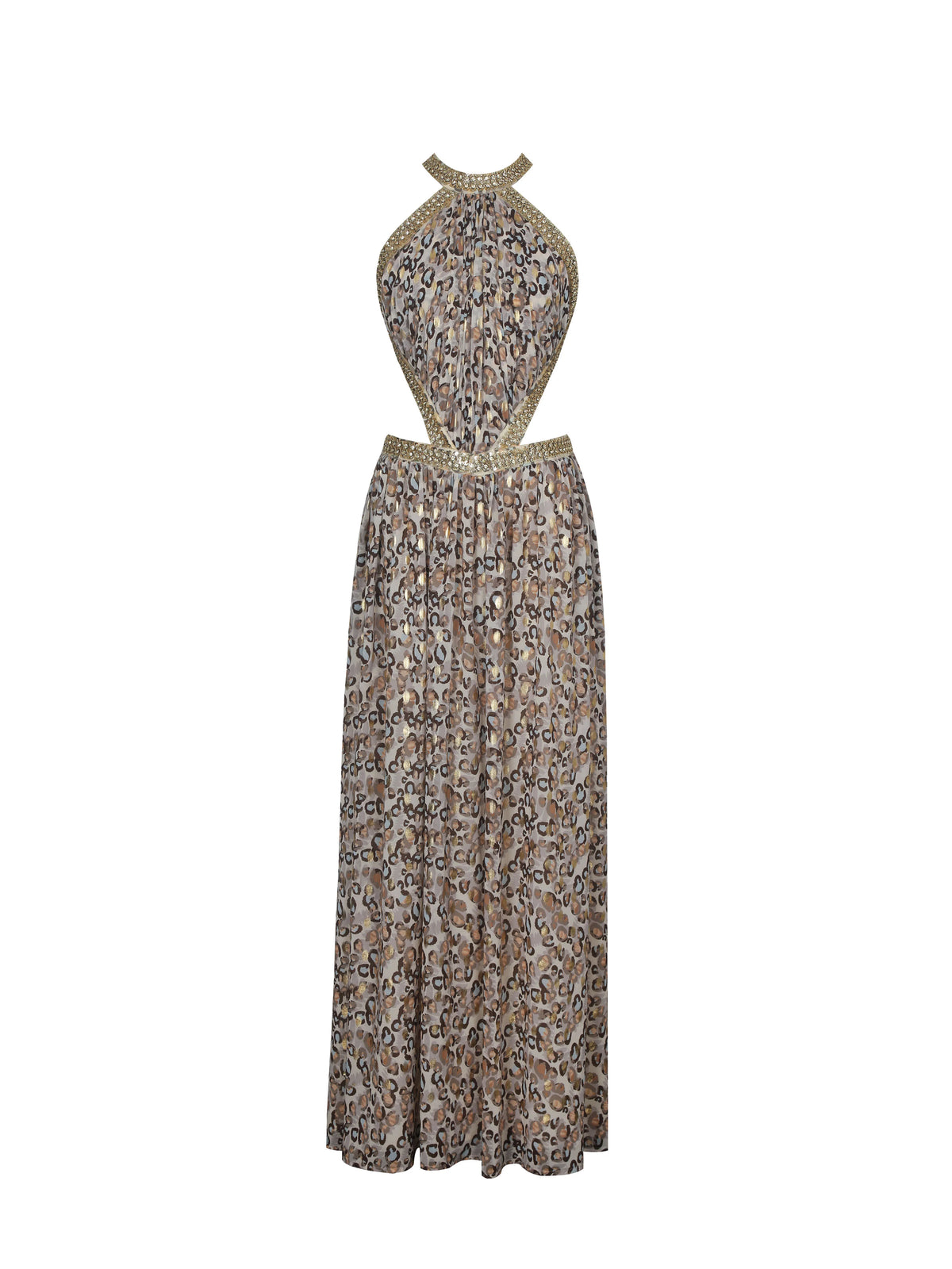 Quinnlyn Beige Cheetah Print Chiffon Halter Maxi Dress
