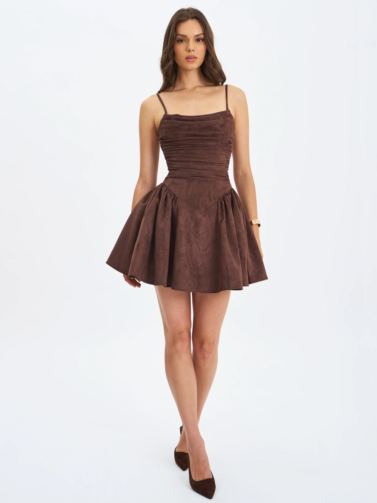 Raisa Mahogany Vegan Suede Ruched Mini Dress