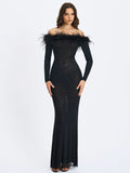 Emberly Black Fur Trimmed Off Shoulder Rhinestone Mermaid Maxi Dress