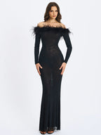 Emberly Black Fur Trimmed Off Shoulder Rhinestone Mermaid Maxi Dress