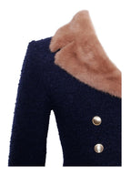 Wava Navy Blue Double Breast Fur Trim Cropped Boucle Wool Jacket Archive Sale