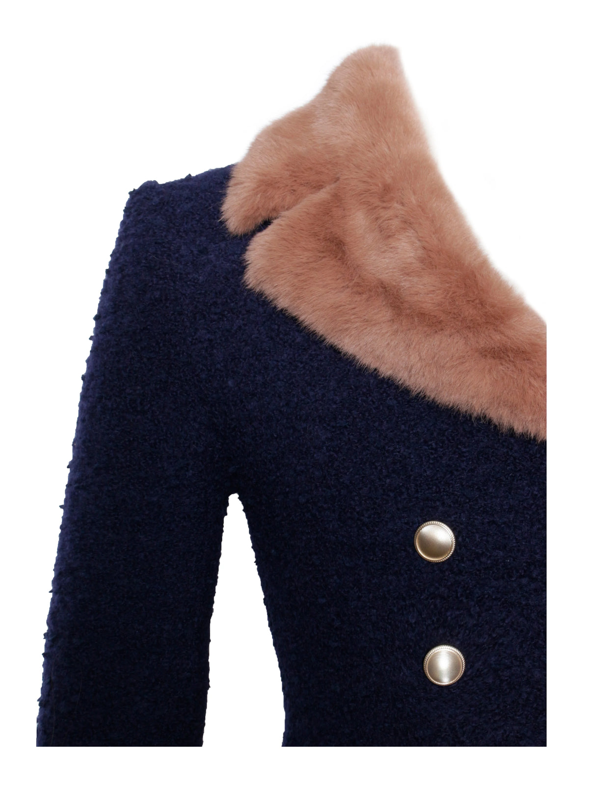 Wava Navy Blue Double Breast Fur Trim Cropped Boucle Wool Jacket Archive Sale