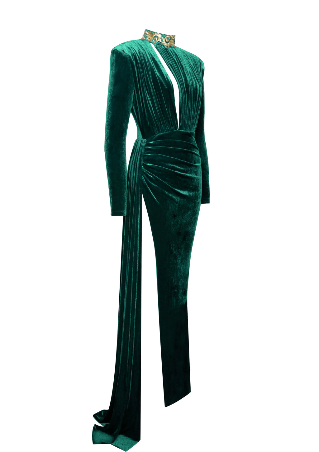 Zenaida Emerald Green Cutout High Slit Velvet Gown Archive Sale