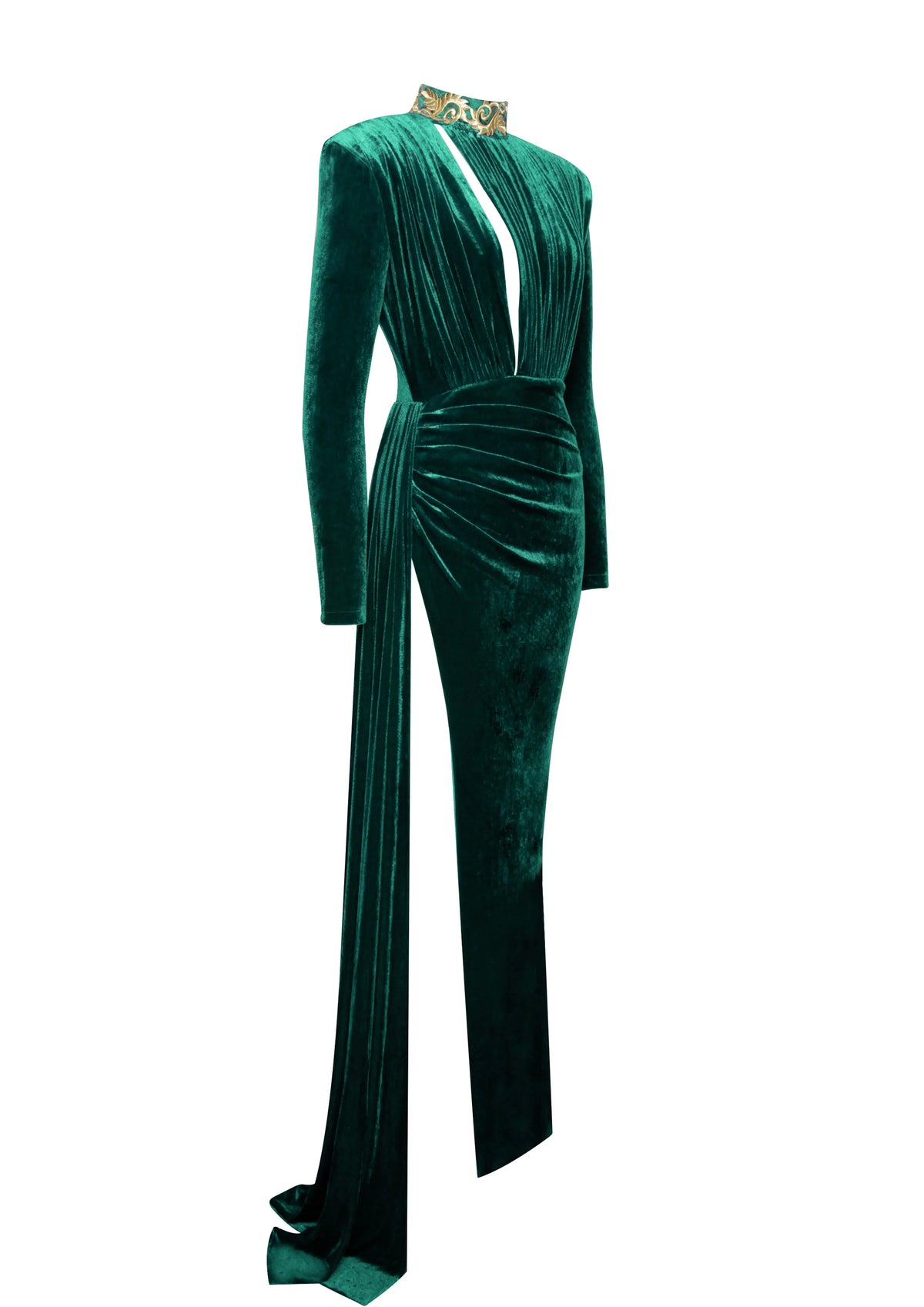 Zenaida Emerald Green Cutout High Slit Velvet Gown Archive Sale