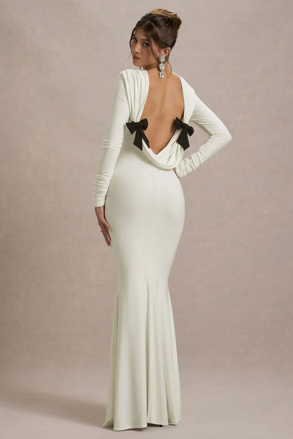 Rosalee Cream Long Sleeve Cowl Back Maxi Dress With Bows