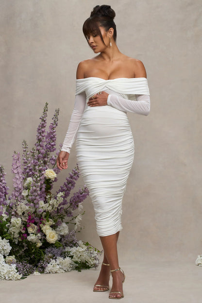 Neva White Bardot Twist Maternity Midi Dress