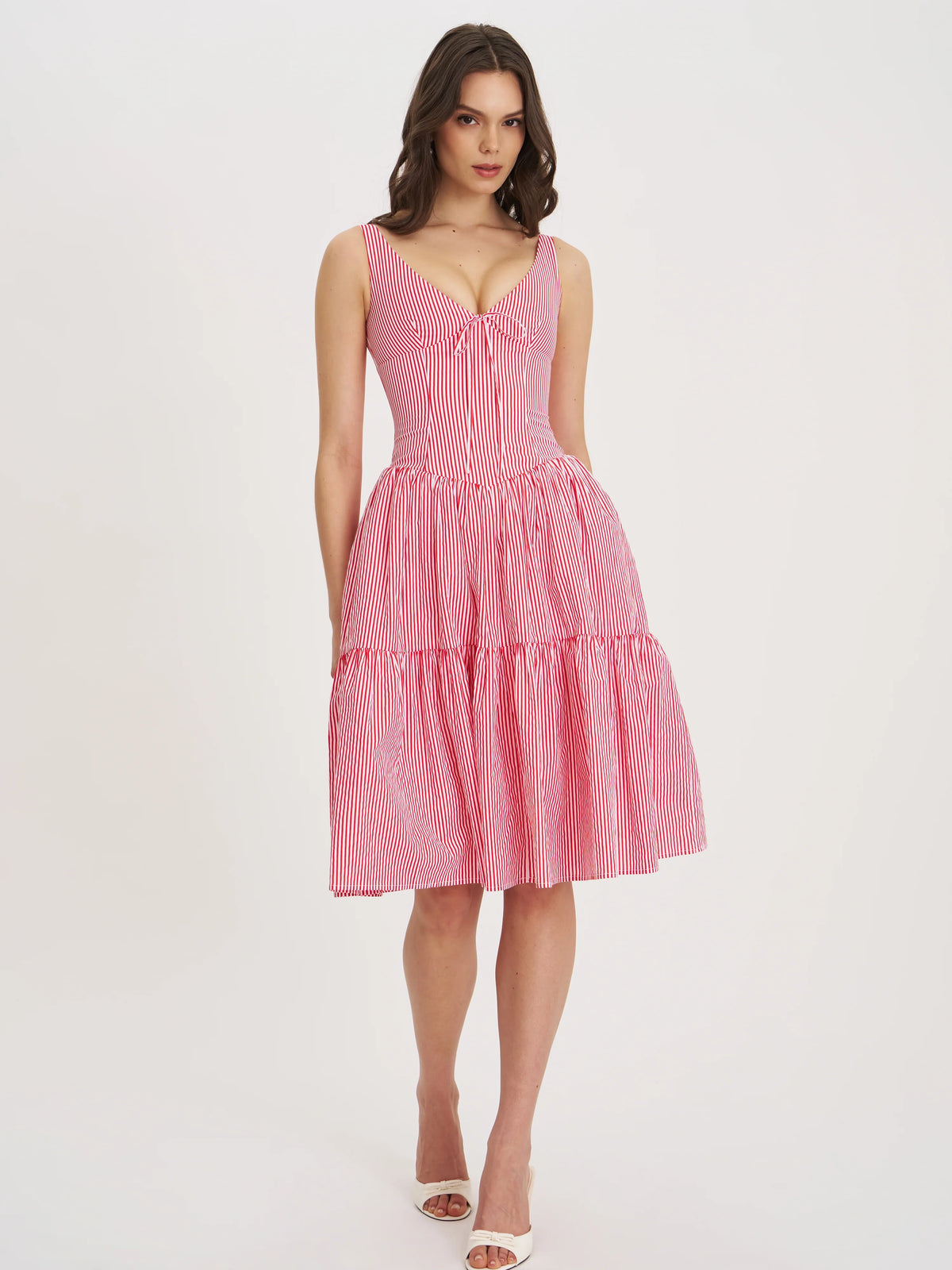 Oceana Red Cotton Stripe Drop Waist Midi Dress