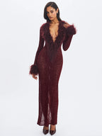 Luana Burgundy Plunging Fur Trimmed Burnout Mesh Maxi Dress