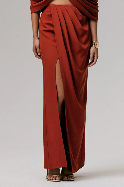 Zelina Terracotta Mid Rise Maxi Skirt with Split