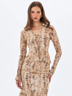 Umara Tan Reptile Print Chiffon Tie Front Top