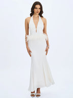 Solene Pleated Halter Backless Feather Trim Maxi Dress