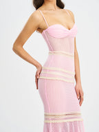 Pallas Pink Lace Trim Crochet Mermaid Maxi Dress