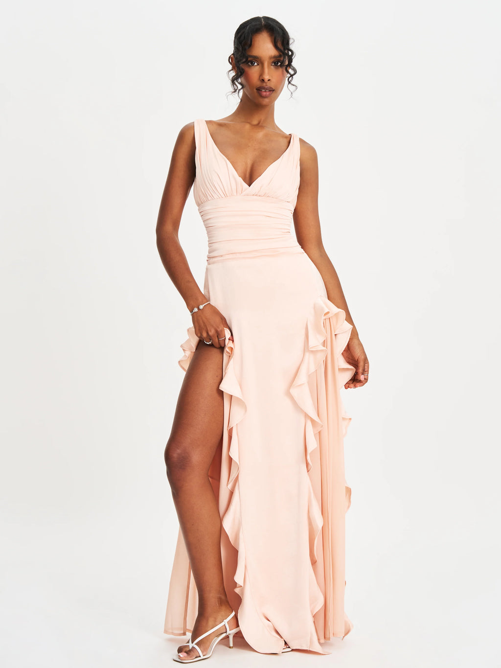 Talyssa Baby Pink Ruched Waist Double High Slit Maxi Gown Archive Sale