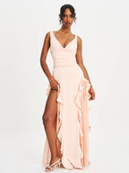 Talyssa Baby Pink Ruched Waist Double High Slit Maxi Gown Archive Sale