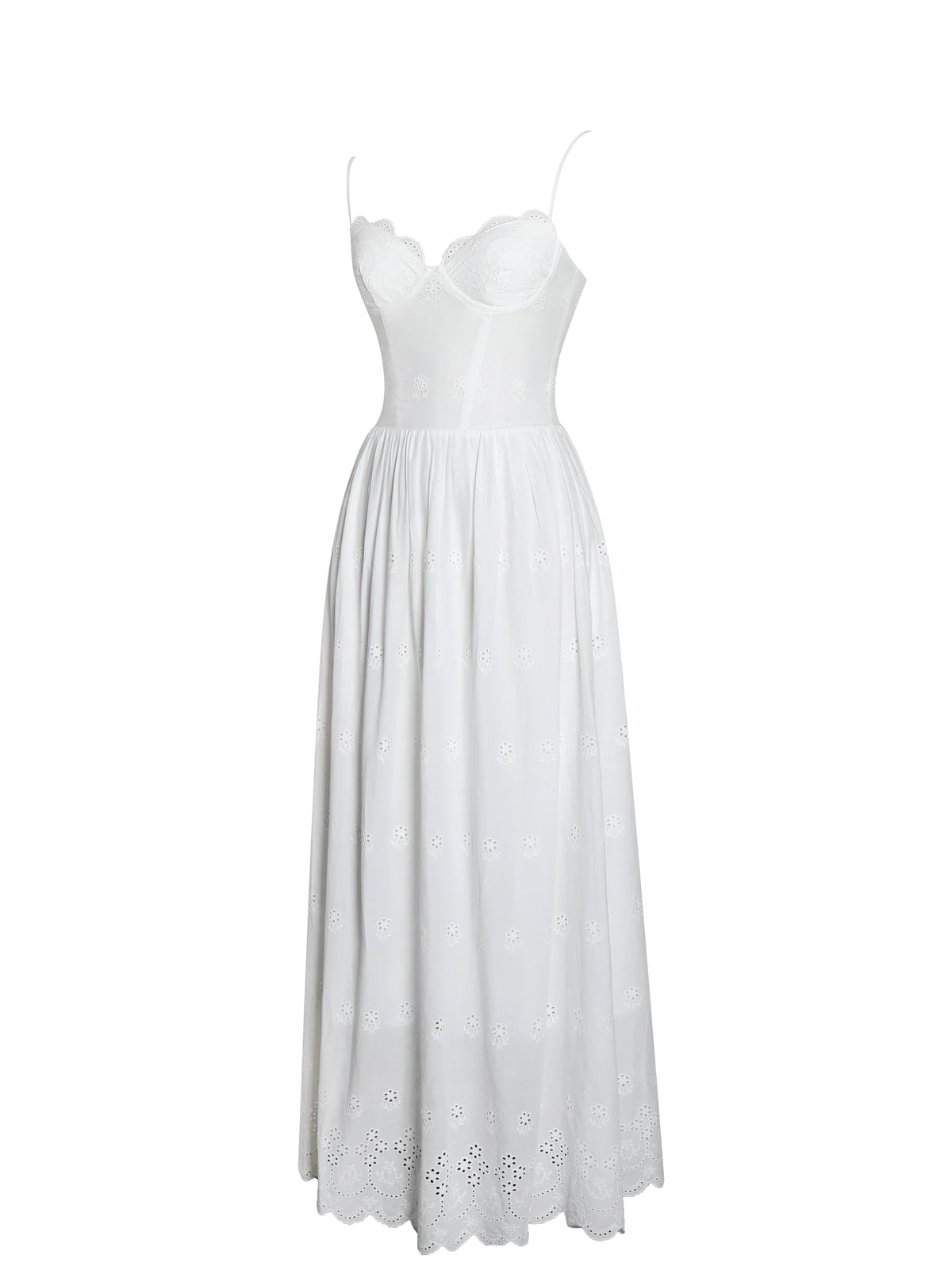 Oberon White Cotton Eyelet Lace Up Back Maxi Dress