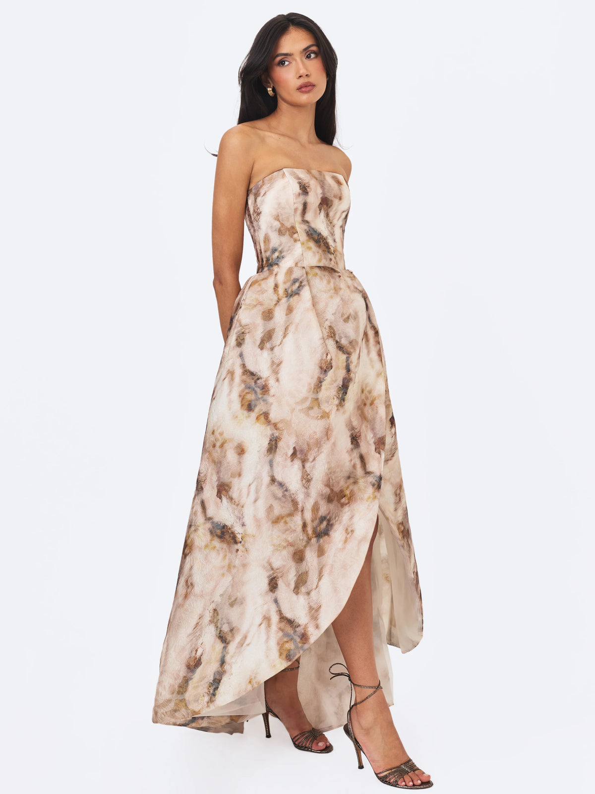 Micaela Camel Watercolor Jacquard Chiffon Dipped Hem Gown