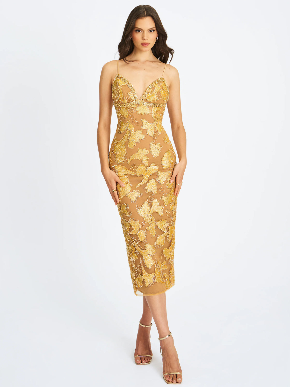 Edie Gold Beaded Sequin Midi Pencil Dress
