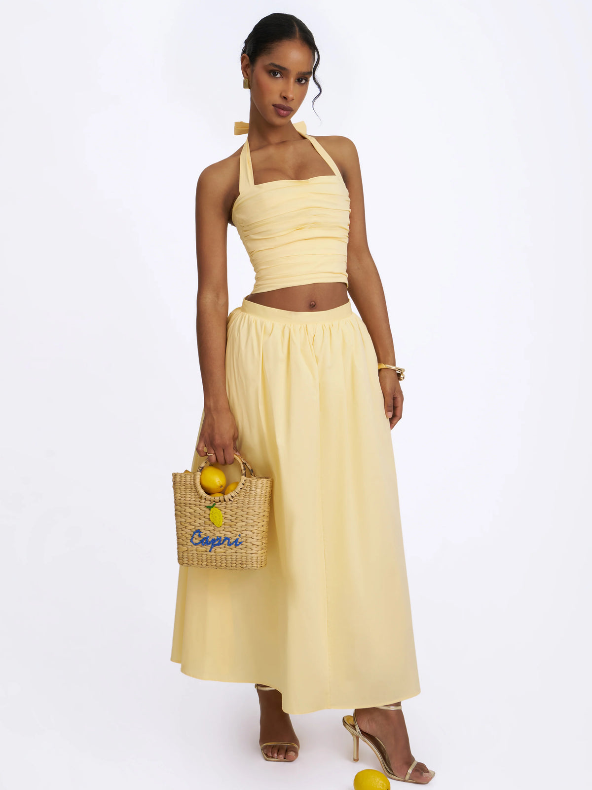 Wina Lemon Yellow Cotton Poplin Low Waisted Maxi Skirt