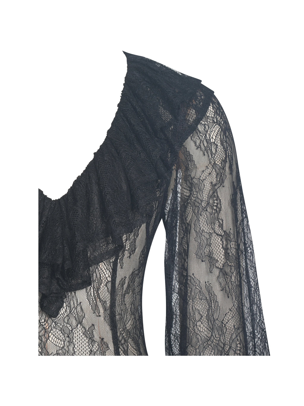 Taliah Black Sheer Lace Ruffled Collar Bodysuit