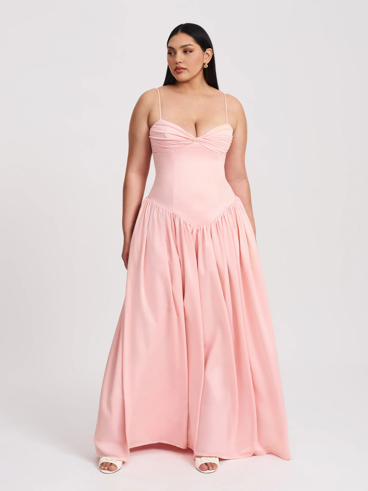 Najwa Baby Pink Ruched Breast Drop Waist Maxi Dress