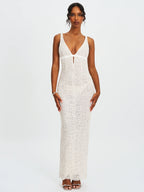 Adelaide White Beaded Sequin Net Bodycon Gown