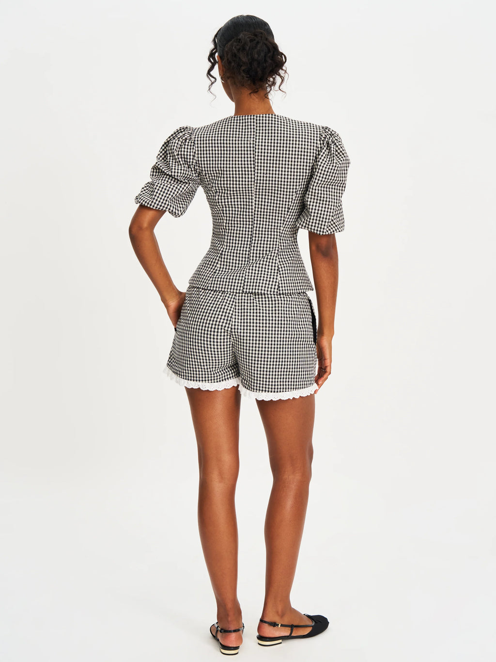 Qusayla Black Gingham Cotton Bubble Sleeve Bowtie Top