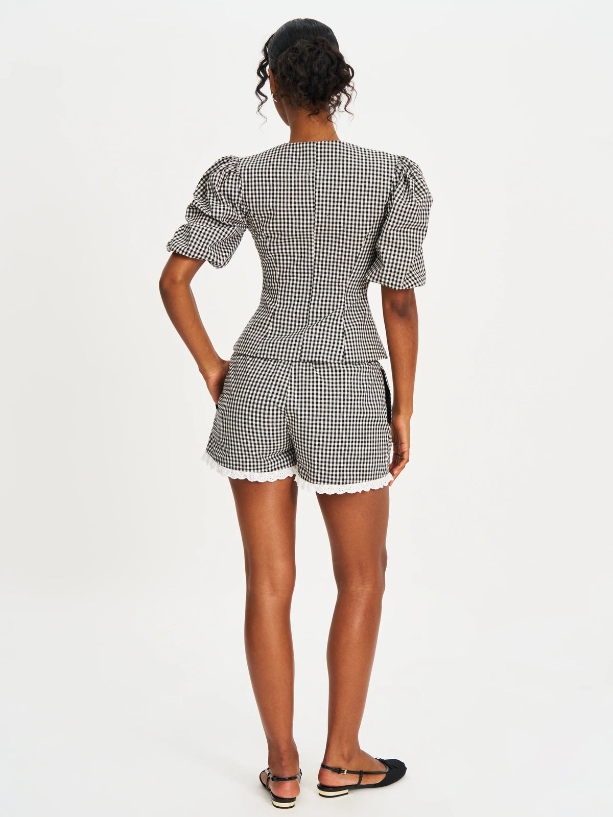 Qusayla Black Gingham Cotton Bubble Sleeve Bowtie Top