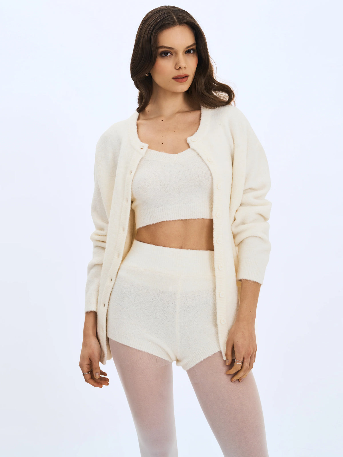 Sera White Wool Blend Ribbed Knit Mini Shorts