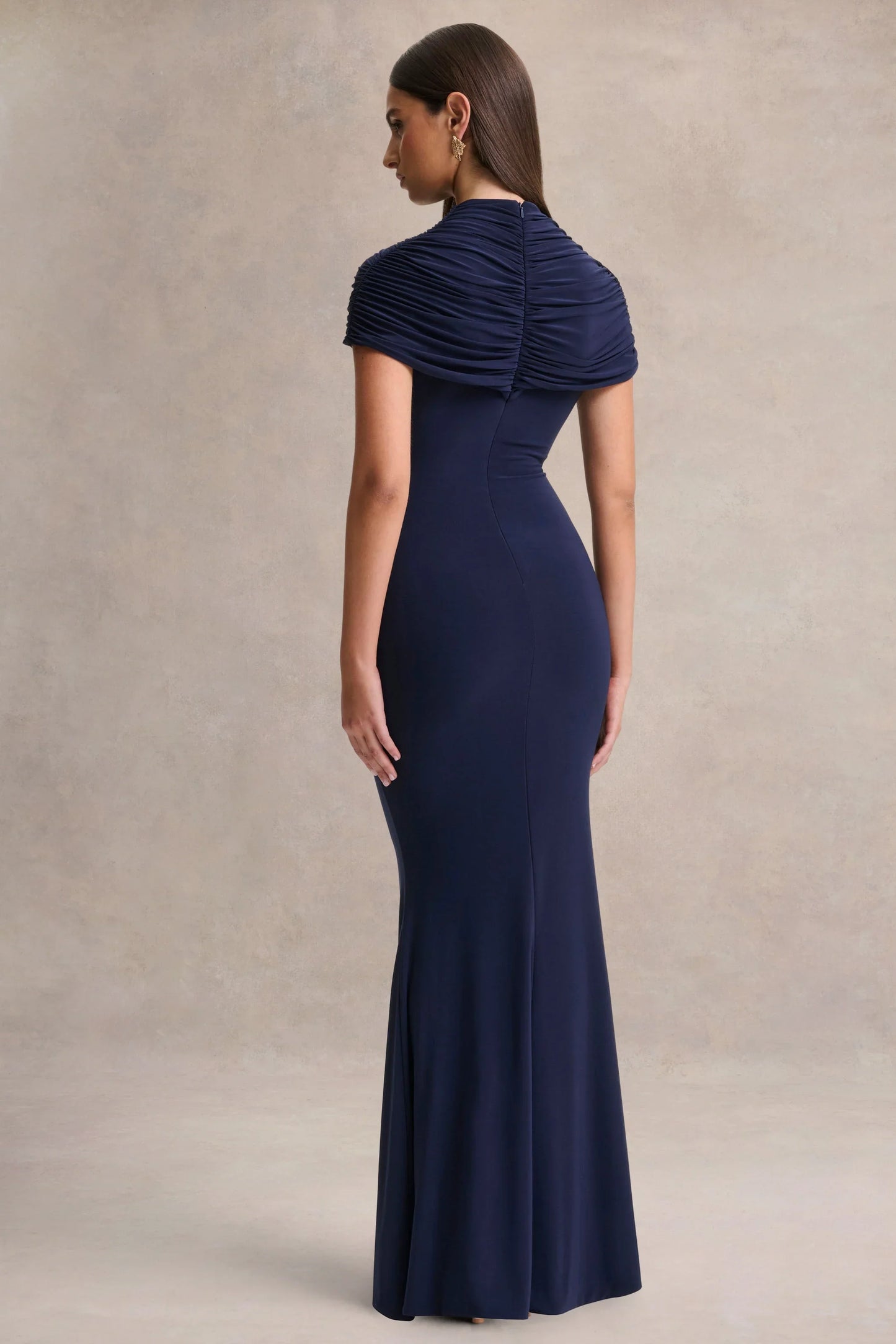 Azaria Navy High Neck Maxi Dress With Ruched Detailing