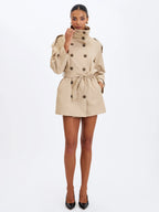 Vanetta Tan High Collar Double Breasted Trench Mini Coat