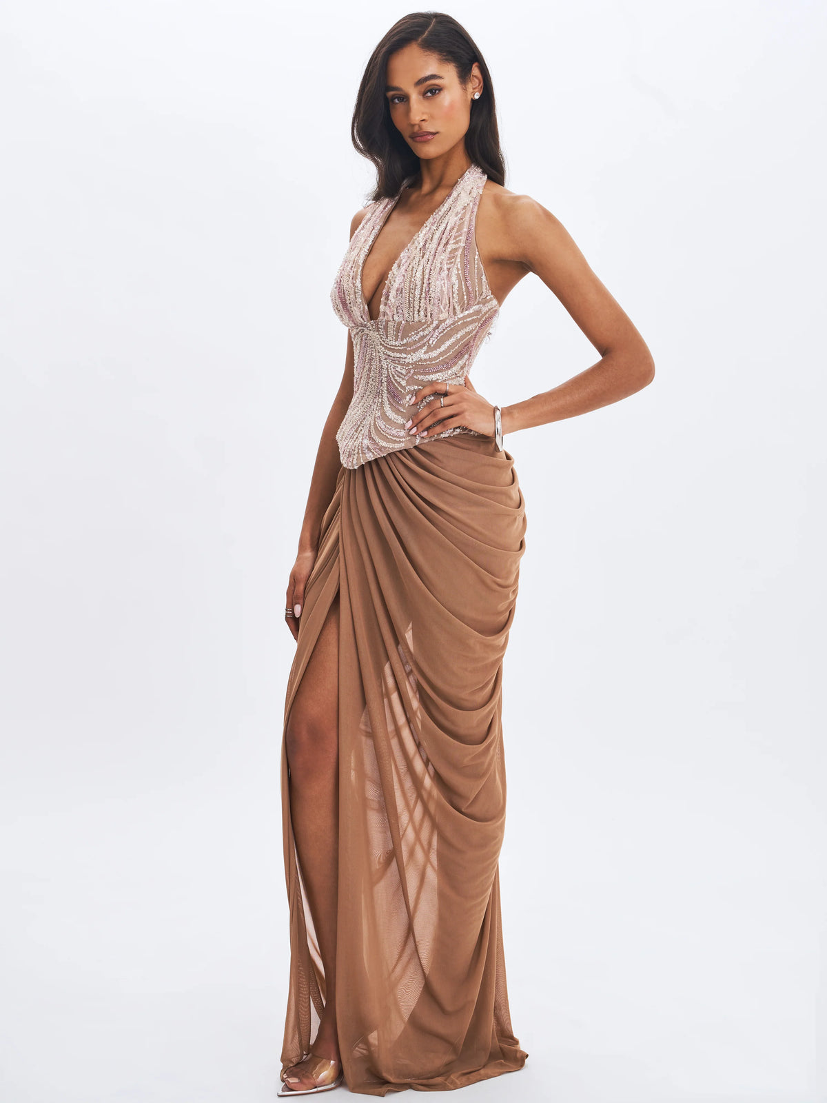Nancie Apricot Beaded Halter Peplum Ruched Maxi Dress