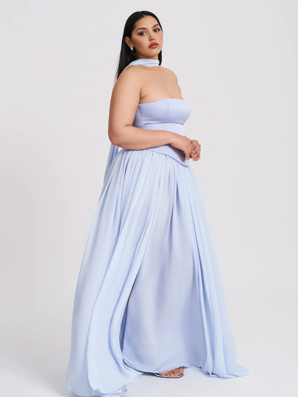 Qianna Baby Blue Peplum Drop Waist Chiffon Gown