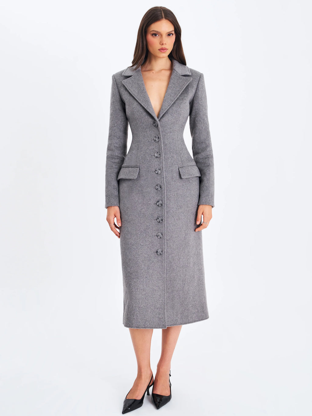 Faye Grey Wool Blend Single Breasted Coat with Removable Faux Fur Collar