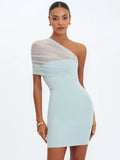 Phoebe Mint One Shoulder Ruched Mesh Mini Dress