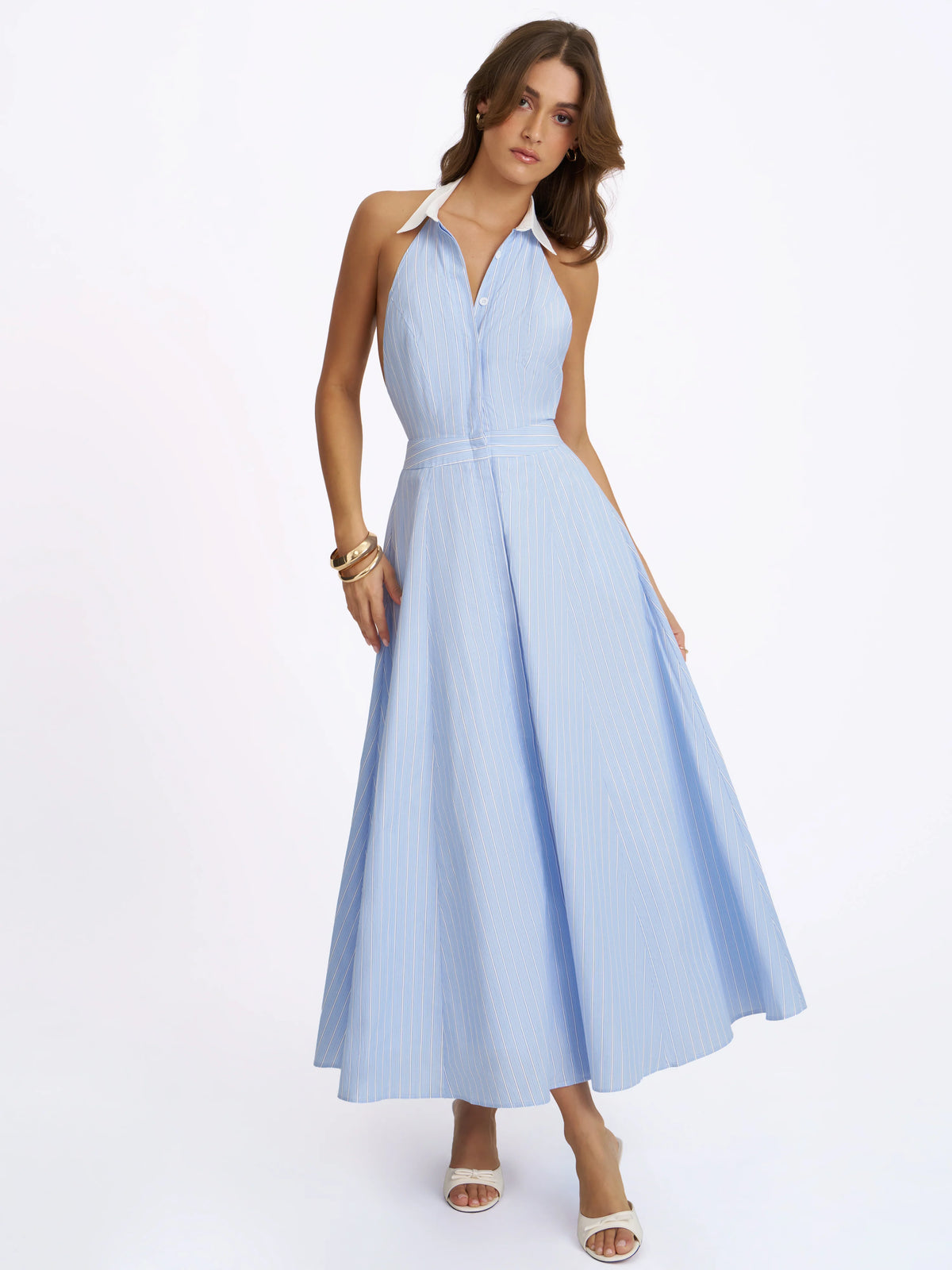 Winslet Sky Blue Striped Cotton Poplin Halter Maxi Dress