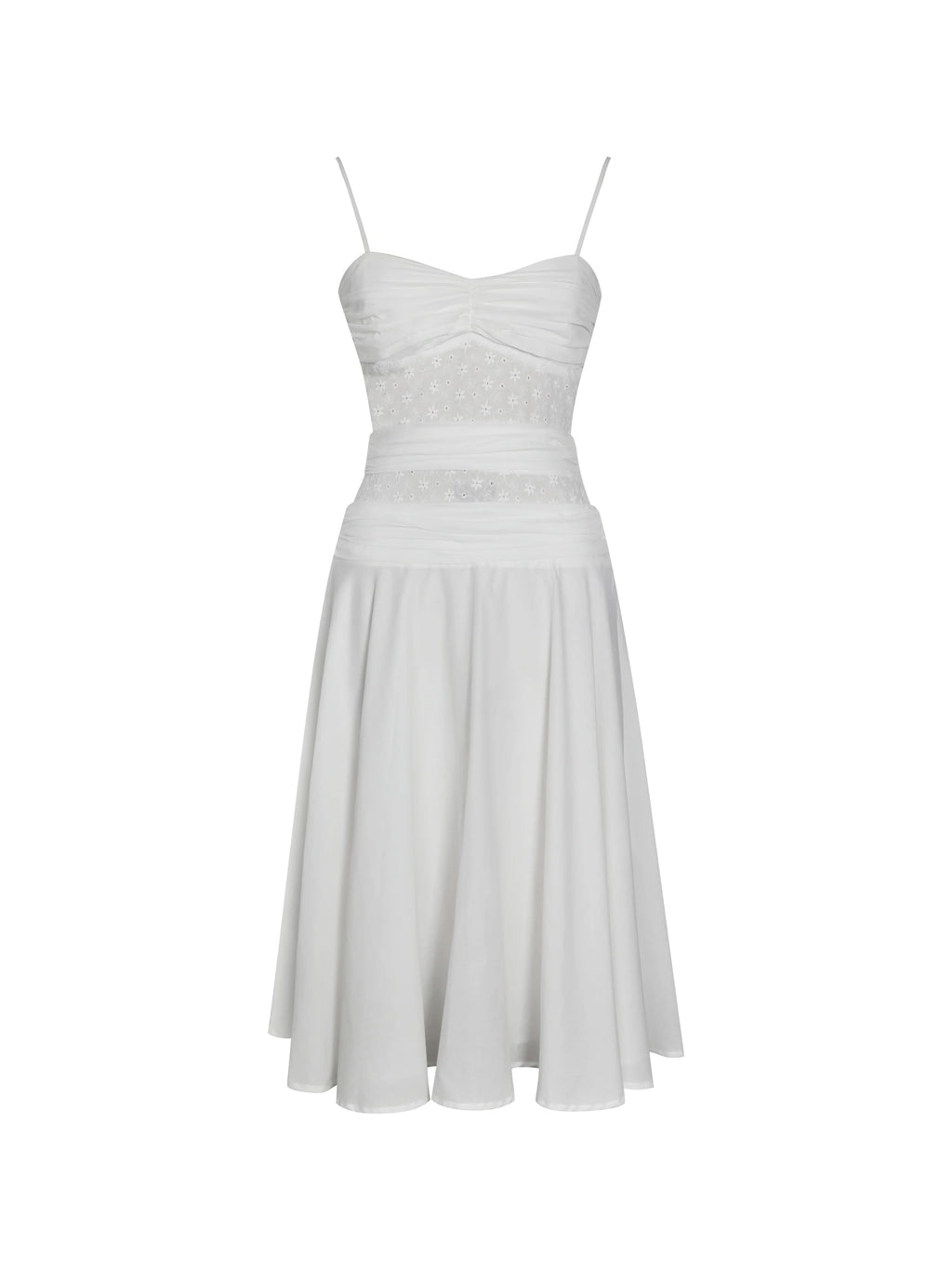 Maelis White Cotton Eyelet Drop Waist Midi Dress