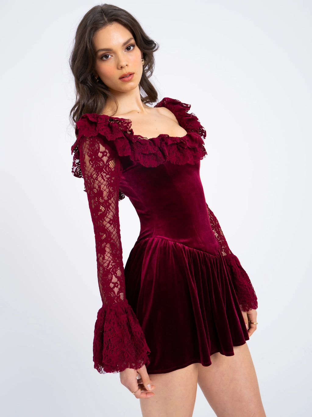 Yachira Burgundy Velvet Lace Flare Sleeve Mini Dress
