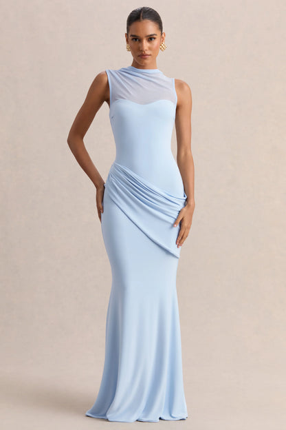 Lyssy Powder Blue High Neck Maxi Dress With Mesh Detail