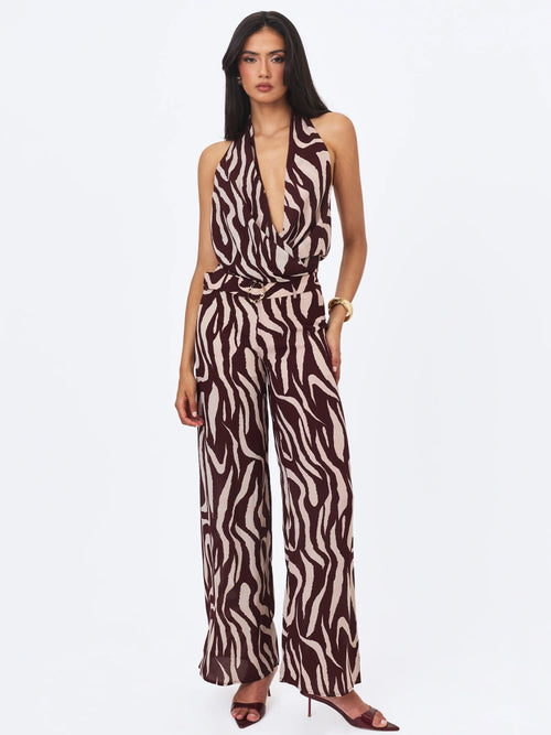 Ashlyn Burgundy Beige Abstract Zebra Print Belted Halter Jumpsuit