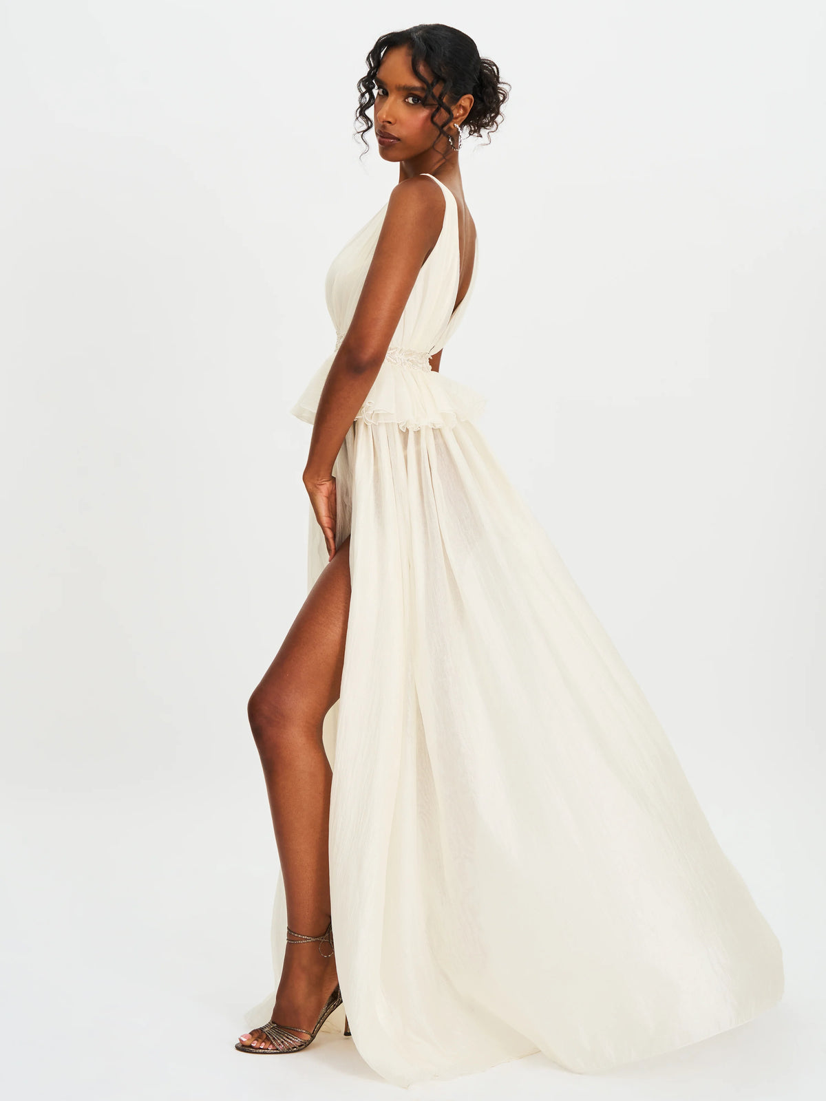 Calleigh Off White Flare Beaded Belt Maxi Gown