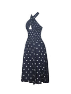 Nuri Navy Polka Dot Ramie Crossover Halter A Line Midi Dress